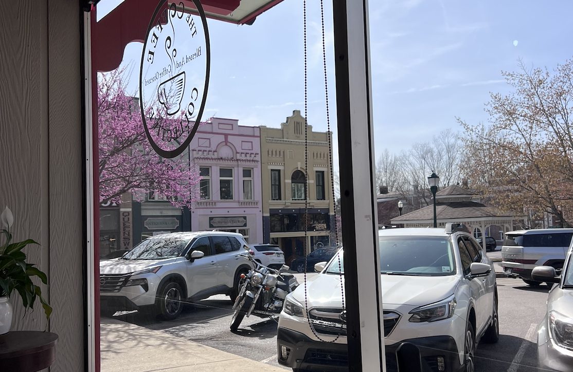 Image of the downtown square in Sparta, TN from inside a coffee shop